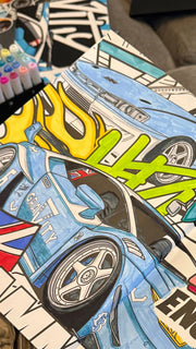 Coloring book with car illustrations on a textured surface